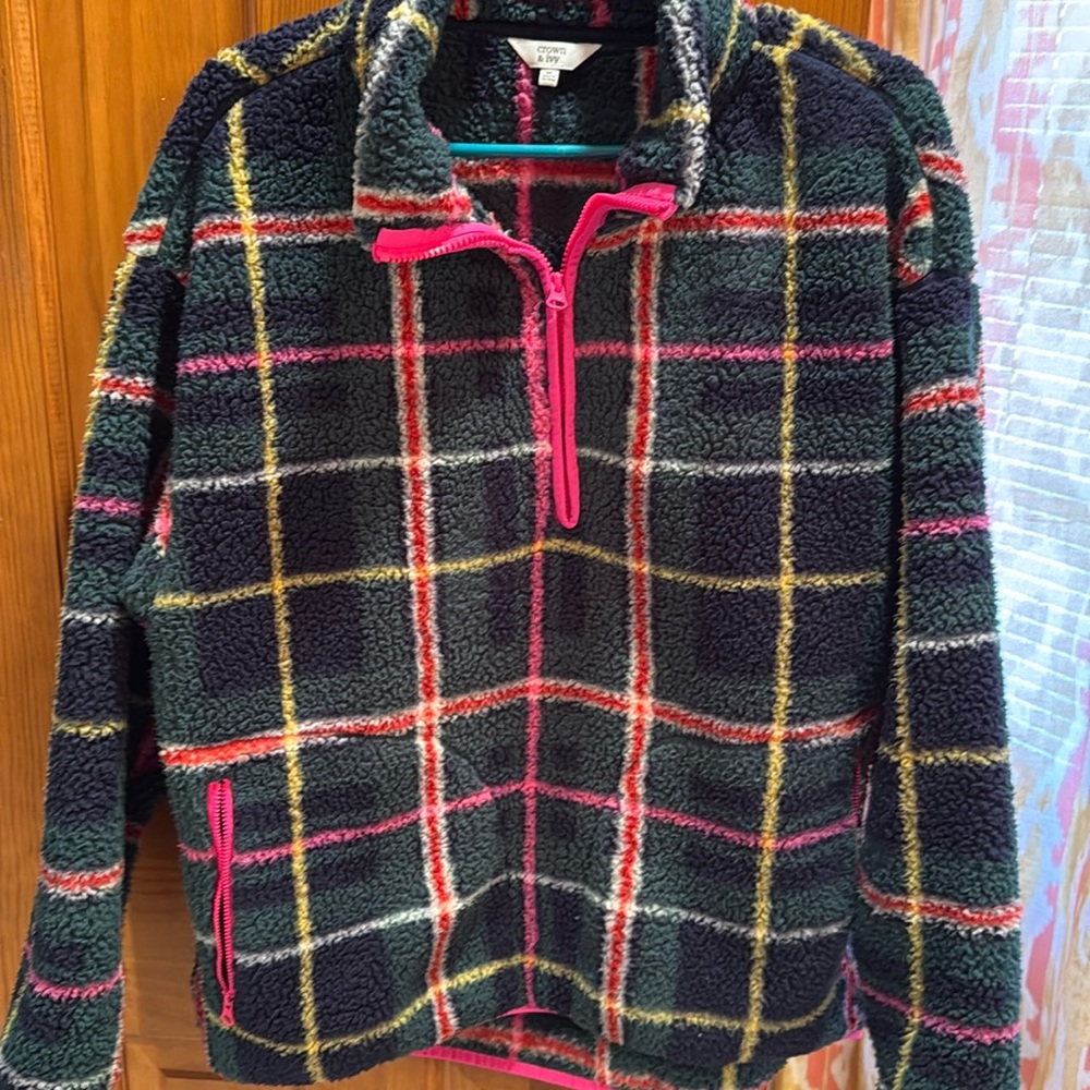 Crown & Ivy Preppy Plaid Sherpa Popover